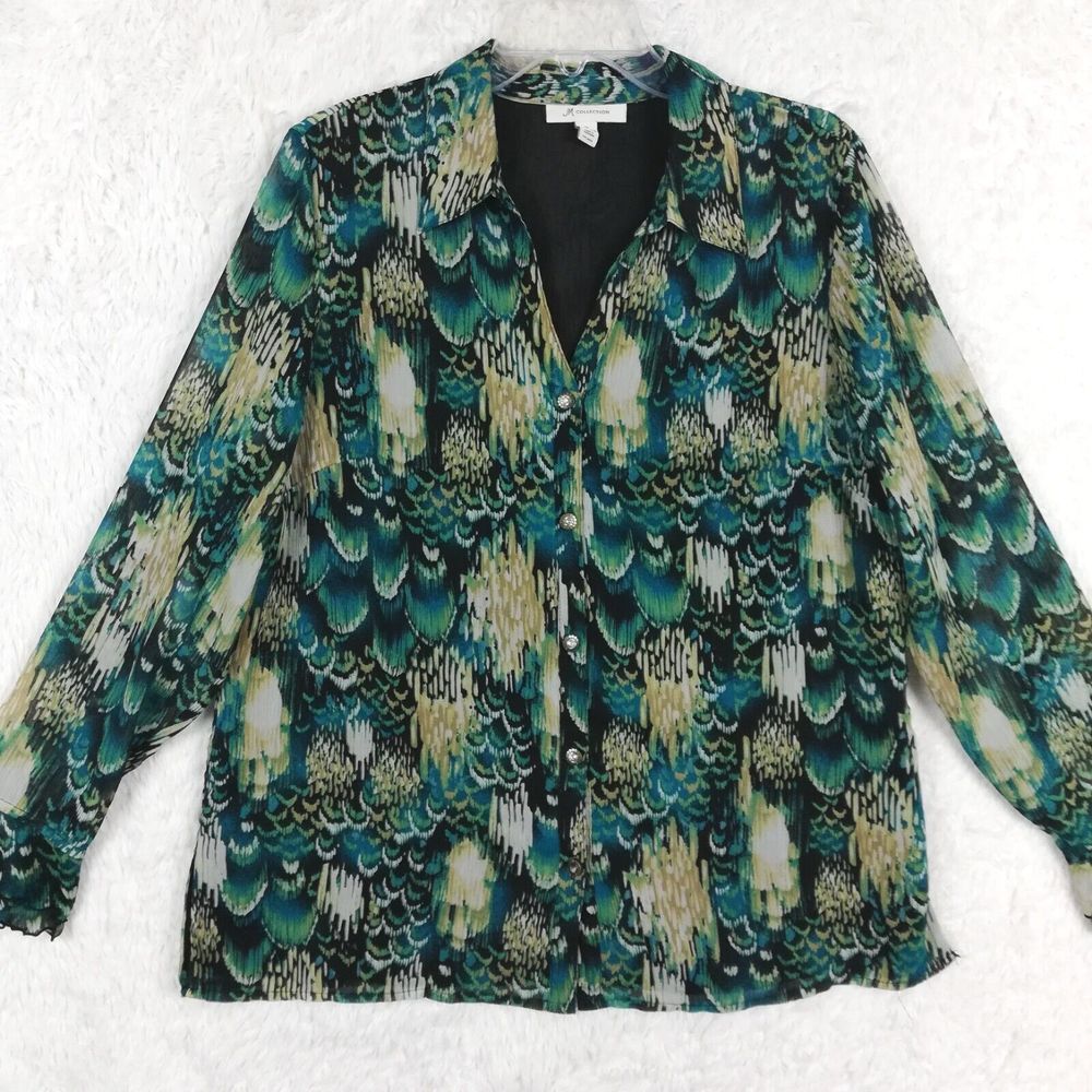 JM Collection Womens Shirt Button Up Peacock Snake Print Blue Teal Poet Jewel 14